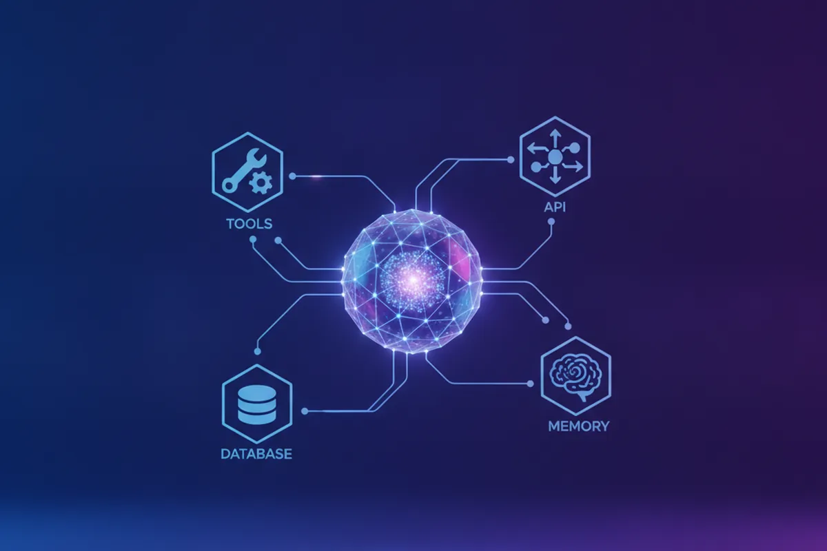 Схема архитектуры AI-агента: LLM-ядро в центре, связанное с инструментами, базой данных, памятью и API