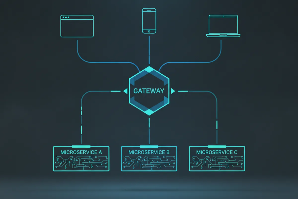 Схема маршрутизации запросов от клиентов через API Gateway к микросервисам