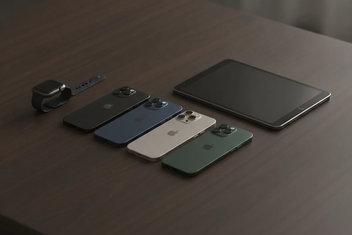 Линейка iPhone 13 рядом с Apple Watch и iPad на столе