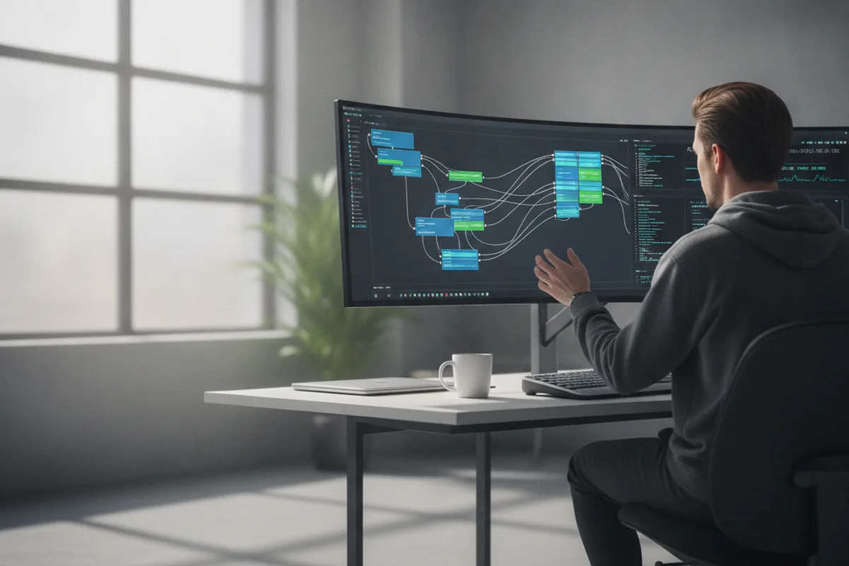 Backend-инженер анализирует архитектуру системы на мониторе