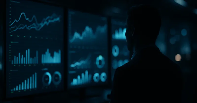 BI-дашборд с интерактивными графиками метрик на ноутбуке в тёмном офисе