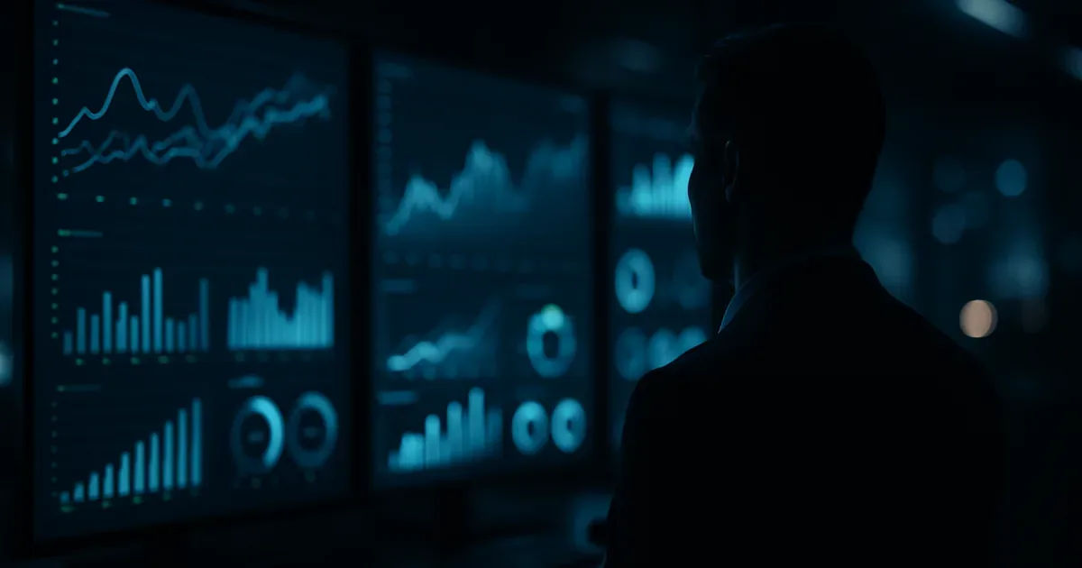 Бизнес-аналитик смотрит на BI-дашборды с графиками KPI на нескольких экранах в тёмном аналитическом центре