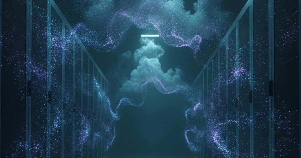 Серверные стойки растворяются в потоках света — метафора serverless-архитектуры