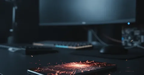 Смартфон с треснувшим светящимся экраном на тёмном рабочем столе разработчика — сбой мобильного приложения