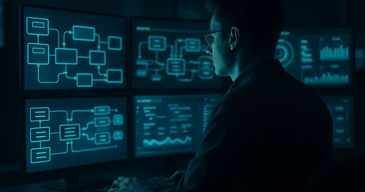 DevOps-инженер за многоэкранным рабочим местом с панелями пайплайнов и метрик в тёмном контрольном зале