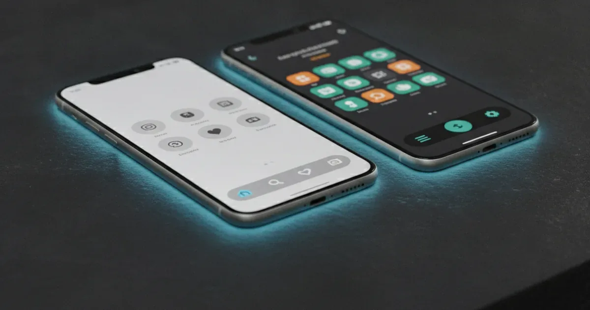 Два смартфона: iOS и Android интерфейсы на тёмном столе с бирюзовой подсветкой