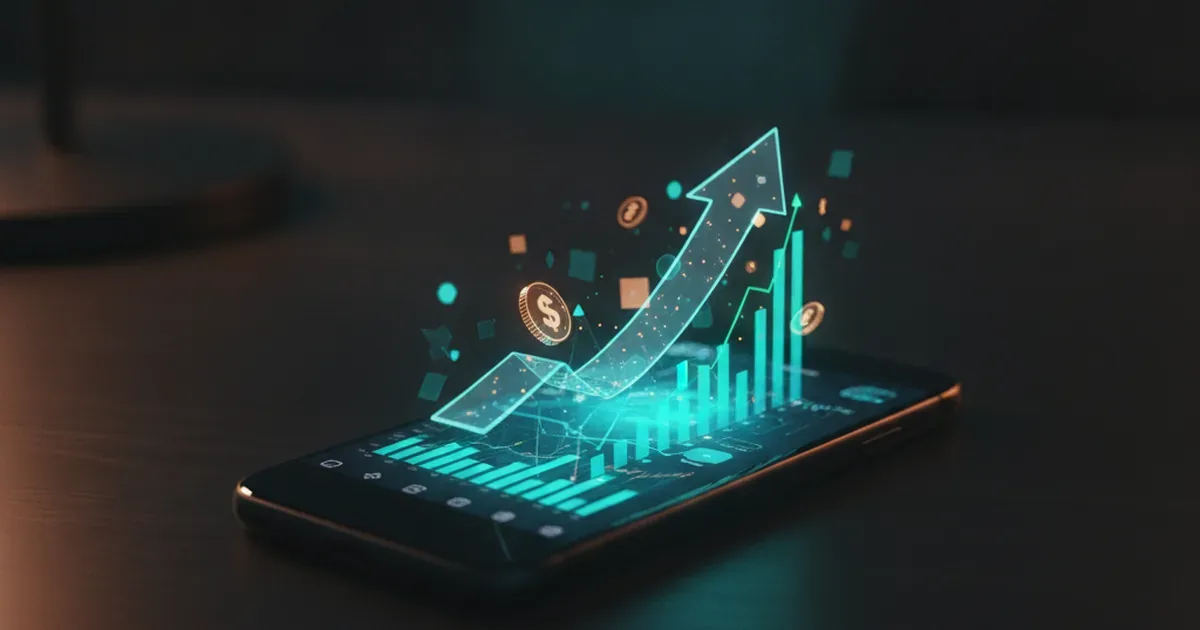 ROI мобильного приложения — смартфон с финансовой аналитикой и растущими графиками