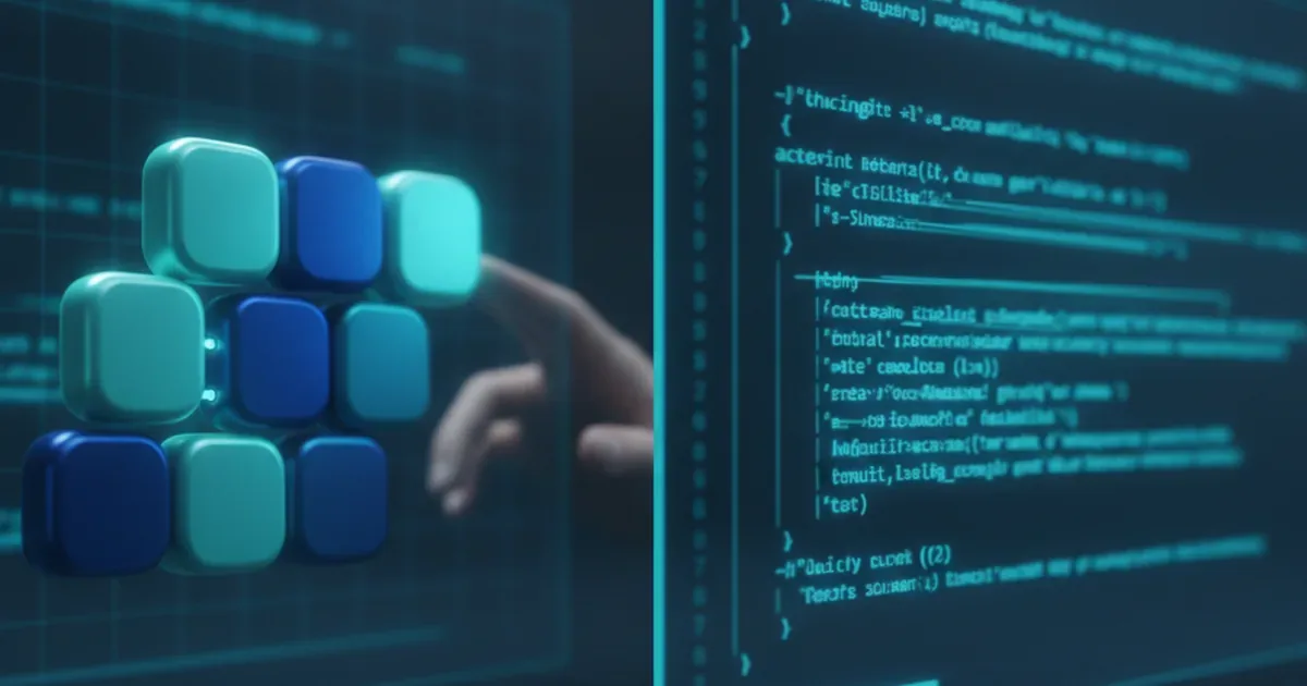 No-code-конструктор из блоков против экрана с исходным кодом