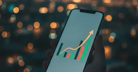 Смартфон с графиком роста портфеля на фоне ночного города — приложение для инвестиций и трейдинга
