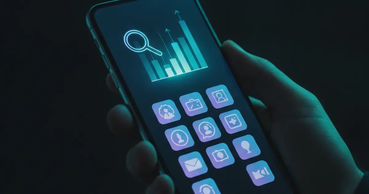 SEO для мобильного приложения: смартфон с поиском и ростом позиций