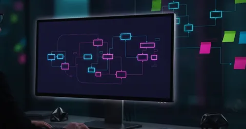 Схема user flow из блоков и стрелок на мониторе в тёмном воркспейсе UX-дизайнера