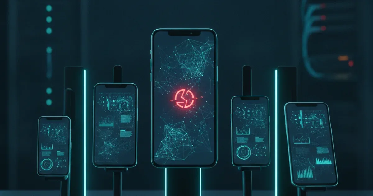QA-стенд с несколькими смартфонами на тестировочной стойке, подсветка в синих и бирюзовых тонах