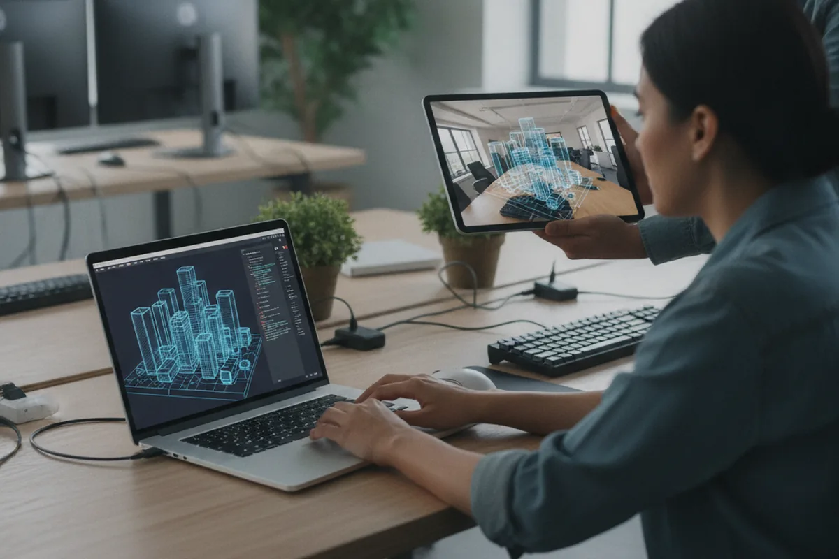 Разработчики создают 3D-модель и тестируют AR-сцену на ноутбуке и планшете