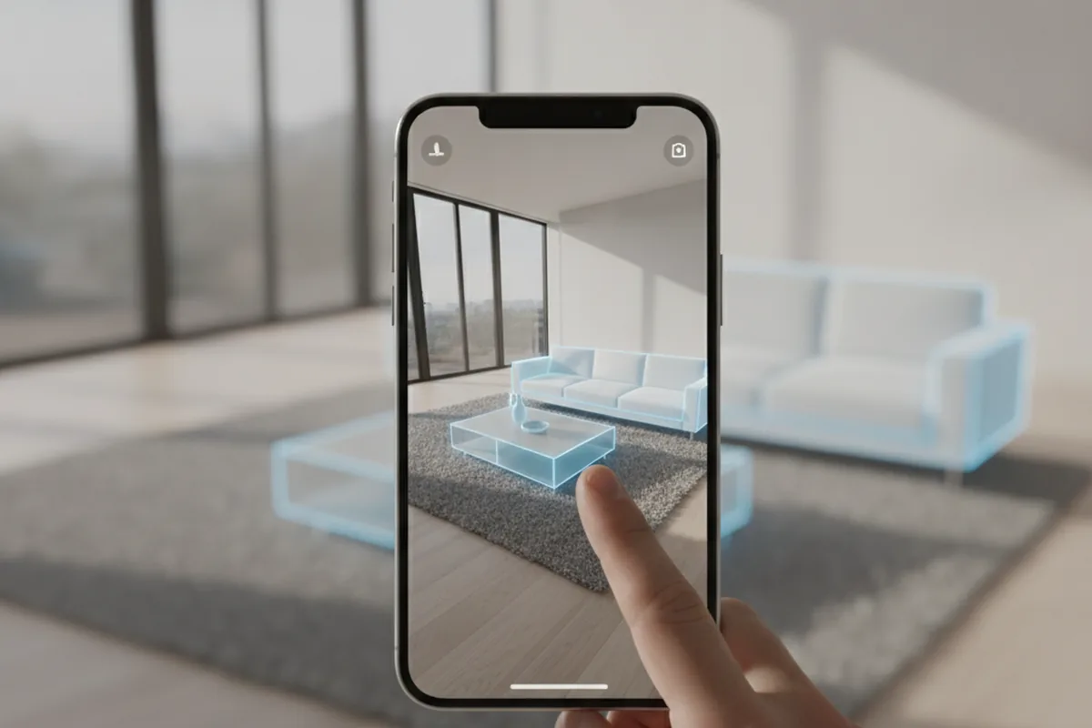 Приложение AR в реальном времени накладывает 3D-модель мебели на изображение комнаты со смартфона