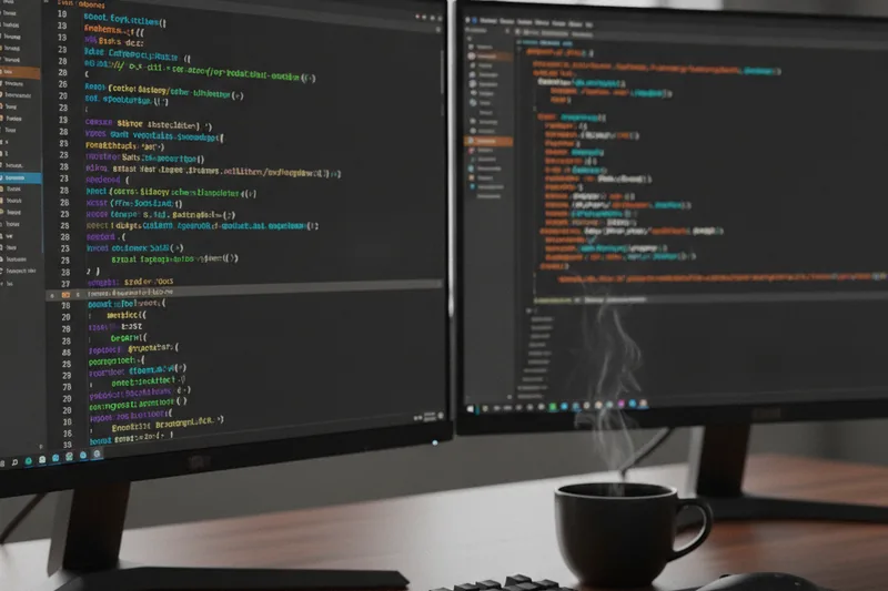Рабочее место front-end разработчика: два монитора с кодом на JavaScript и CSS