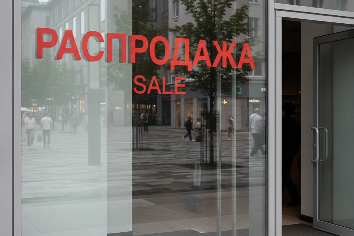 Вывеска магазина со словом «Распродажа» крупным шрифтом и переводом «Sale» ниже — пример равнозначного перевода по новому закону