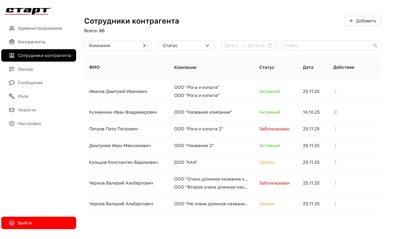 Веб-панель администратора: сотрудники контрагентов