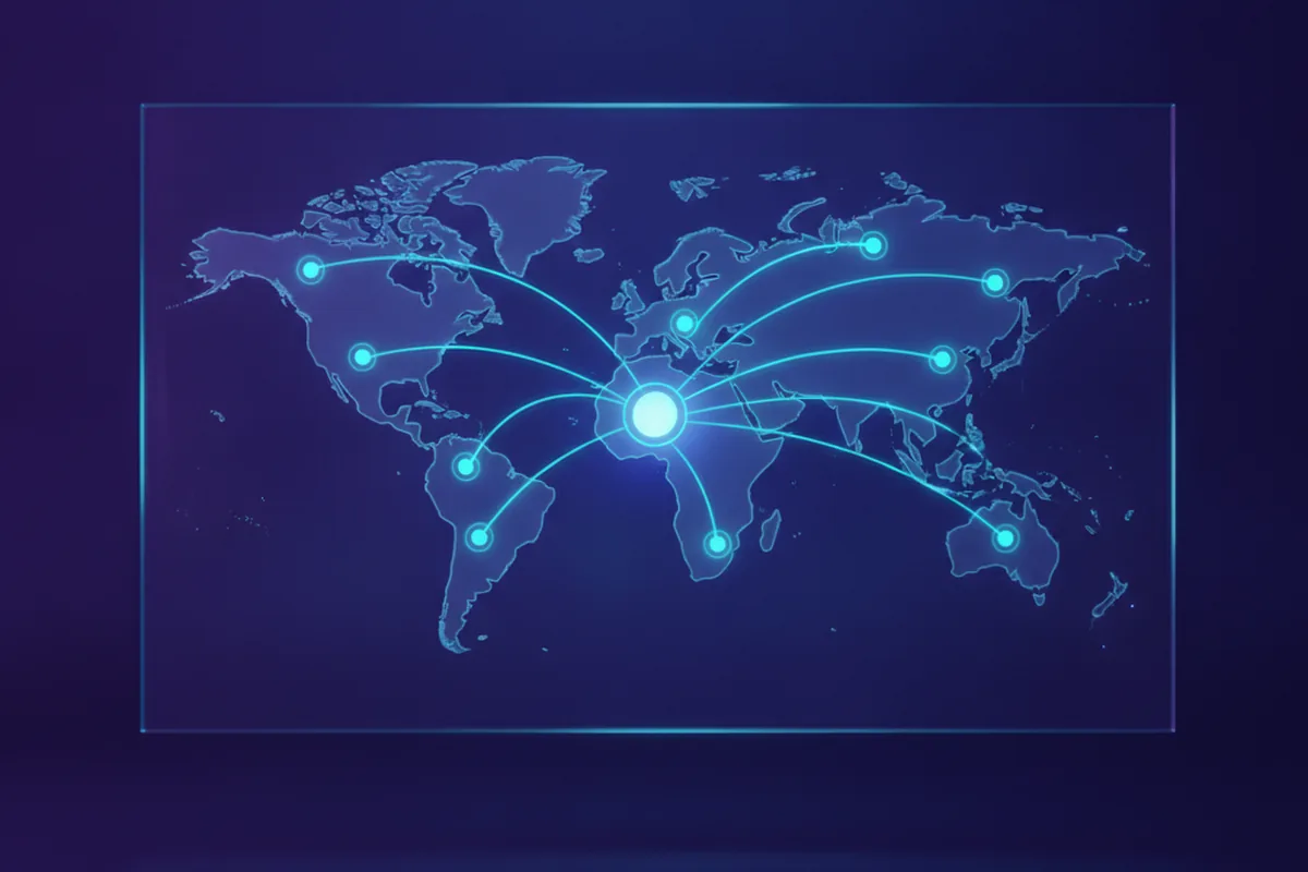 Схема CDN: origin-сервер раздаёт статику через edge-узлы по разным регионам