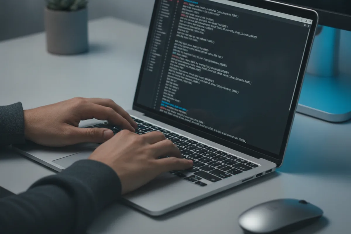 Разработчик запускает Node.js-сервер в терминале на ноутбуке