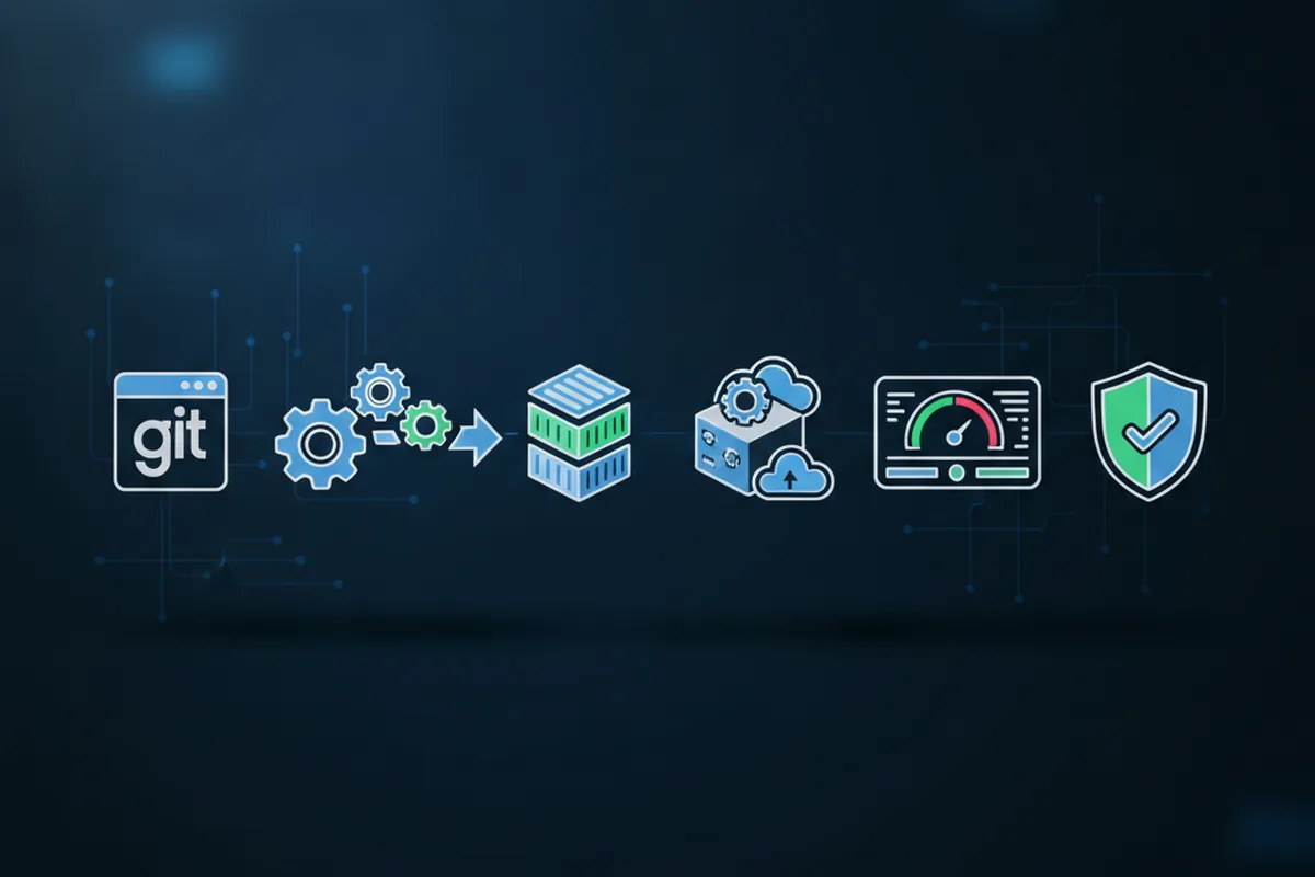 Схема DevOps-пайплайна: репозиторий кода, сборка и тесты, контейнеризация, инфраструктура как код, мониторинг, безопасность