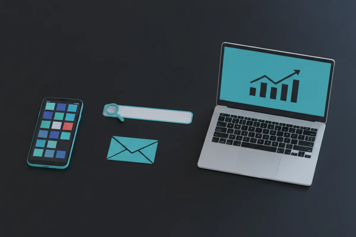 Смартфон, поиск, email и ноутбук с графиком роста — основные каналы digital-маркетинга