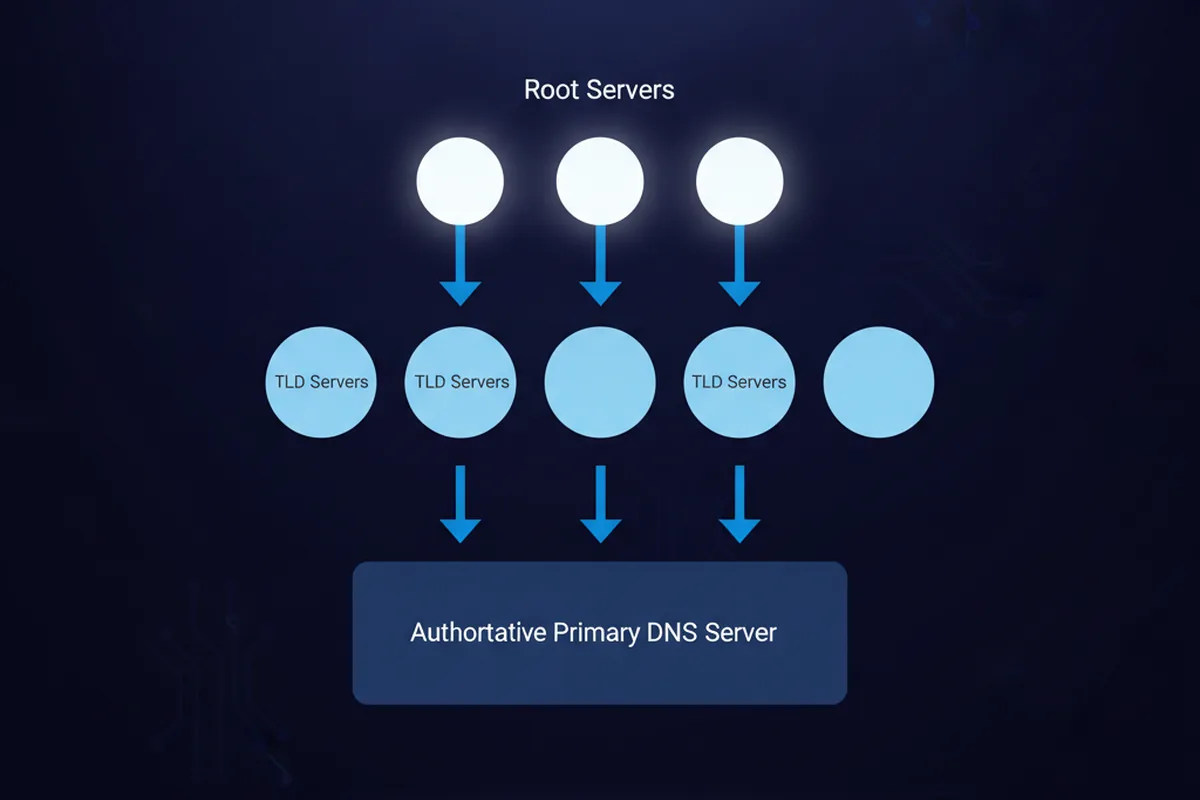 Иерархия DNS-серверов: от корневых через TLD к авторитетному первичному серверу