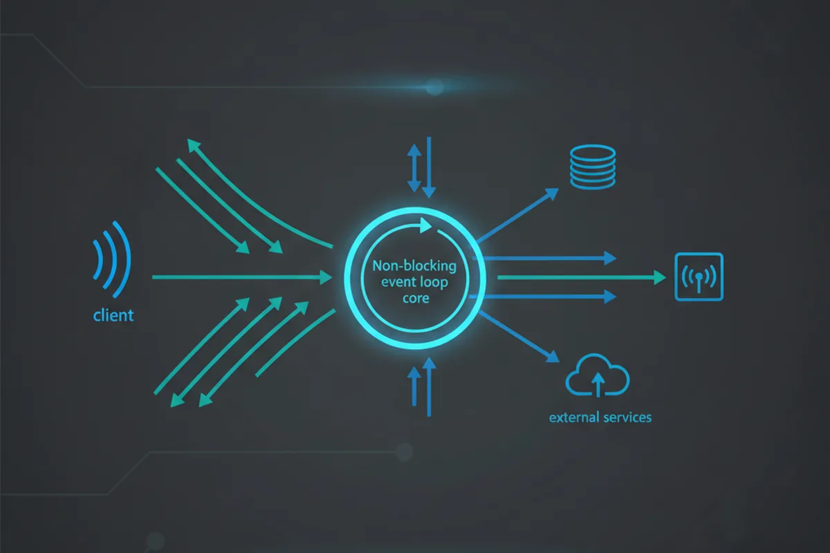 Схема асинхронной обработки запросов в FastAPI: клиент, event loop, база данных и внешние сервисы