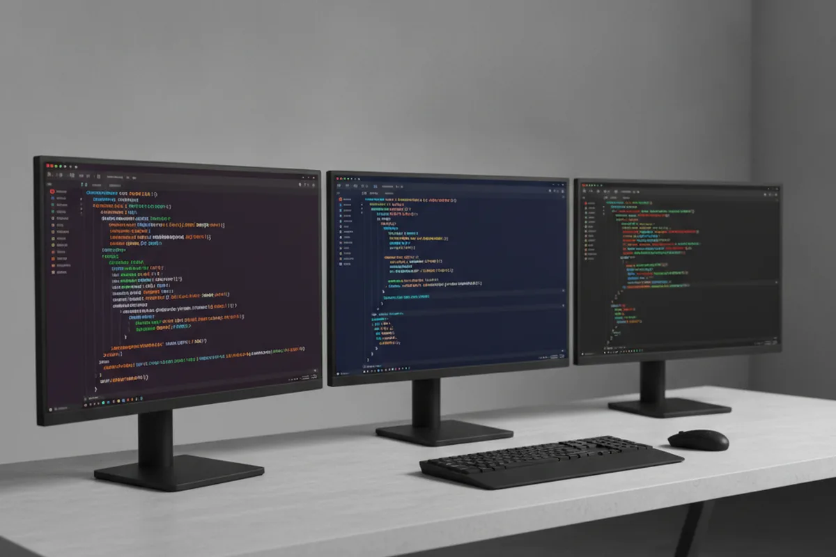 Три монитора с открытыми окнами десктопных приложений — разработка под Windows, macOS и Linux