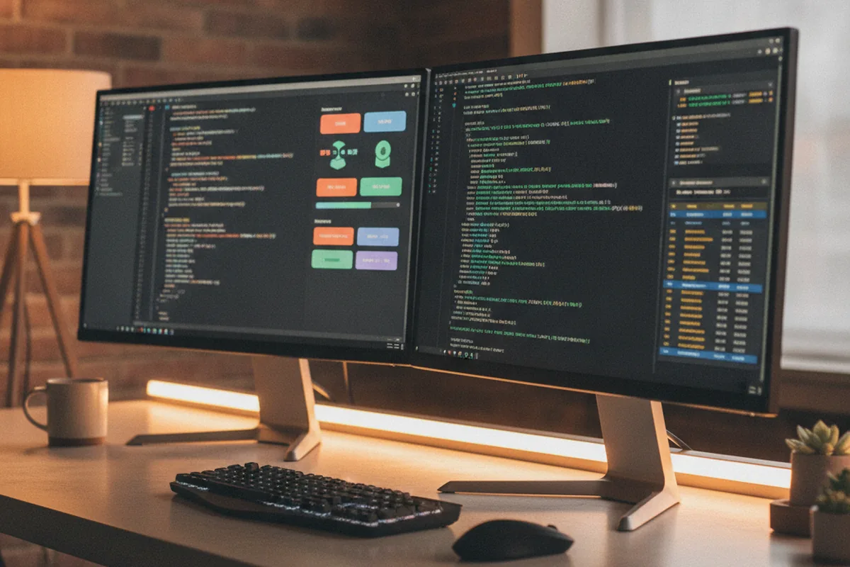 Два монитора разработчика: слева код фронтенда с UI-компонентами, справа серверный код и база данных