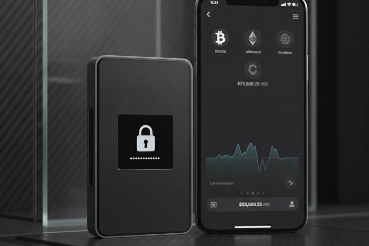 Аппаратный холодный кошелёк рядом со смартфоном с приложением горячего криптокошелька