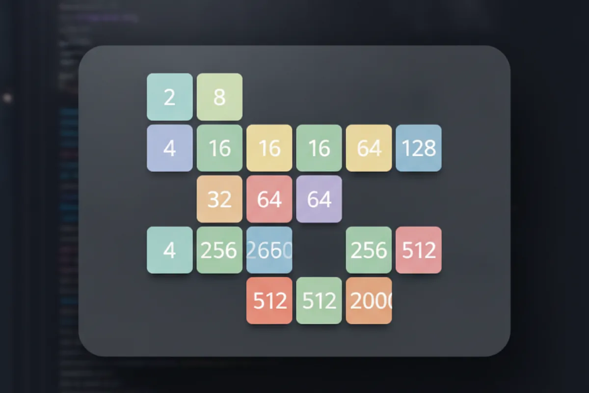 Окно Swing-приложения с игровым полем 2048 4 на 4 с разноцветными числовыми плитками