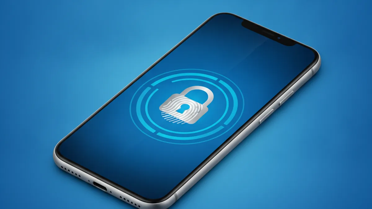 Смартфон с биометрической разблокировкой отпечатком пальца и иконкой замка как символ безопасности мобильного банкинга