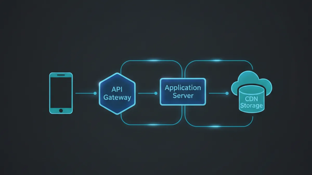 Схема инфраструктуры бэкенда мобильного приложения: API-шлюз, сервер приложений и CDN-хранилище