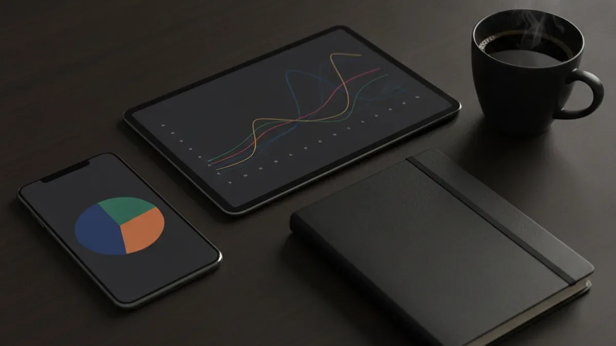 Смартфон и планшет с диаграммами портфеля на тёмном рабочем столе — интерфейс приложения для инвестиций