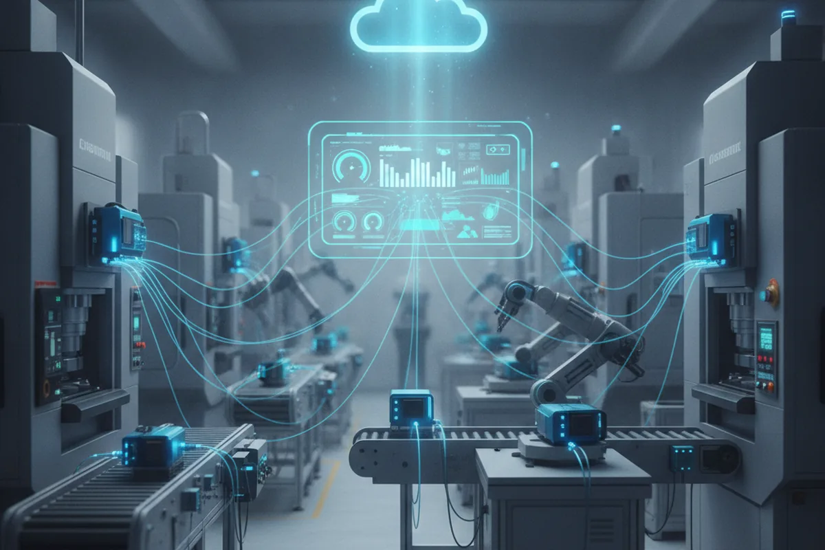 Архитектура IoT: датчики на производственном оборудовании передают данные в облачную платформу