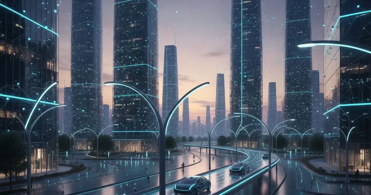 Умный город с подключёнными IoT-датчиками на зданиях, освещении и транспорте
