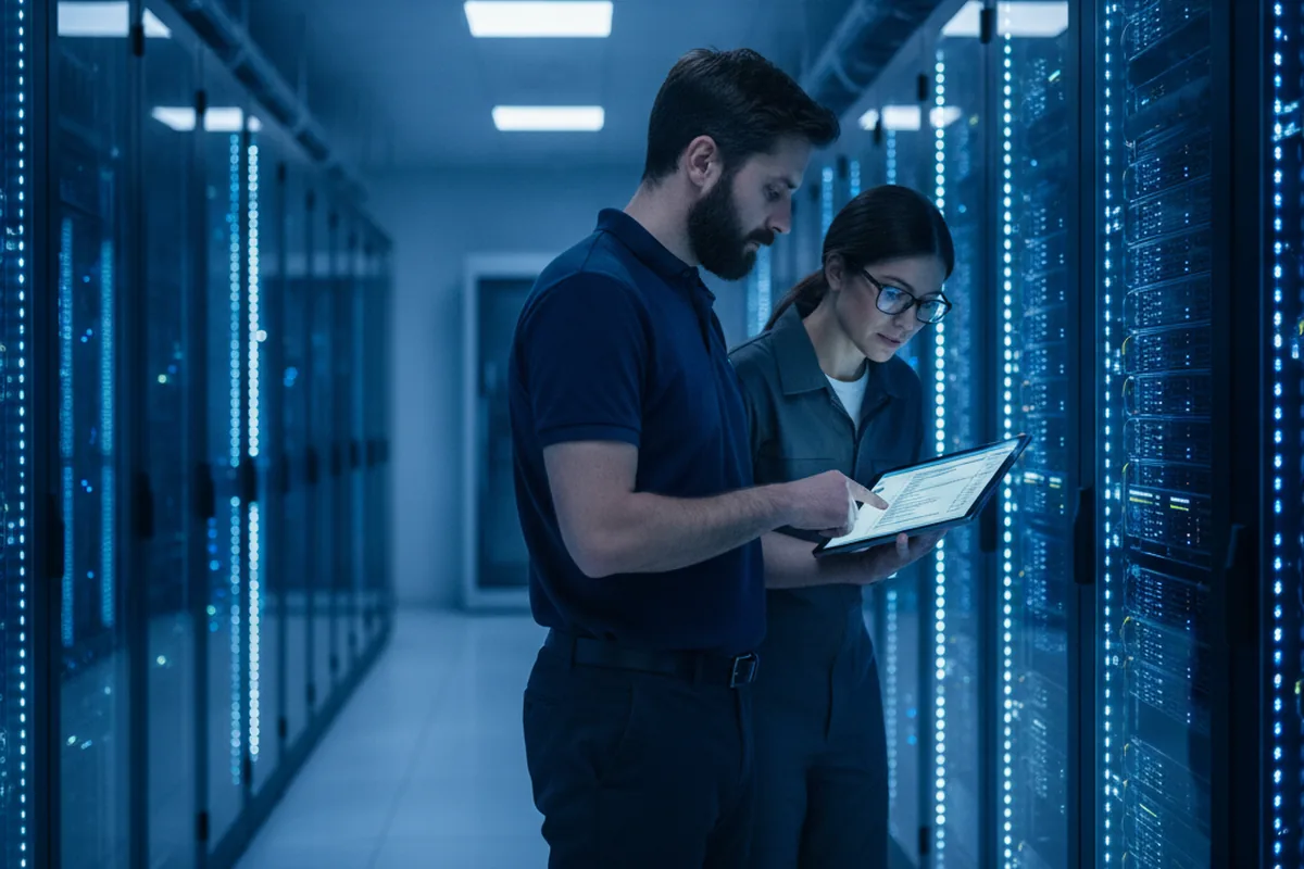 ИТ-специалисты проверяют серверную инфраструктуру по цифровому чек-листу
