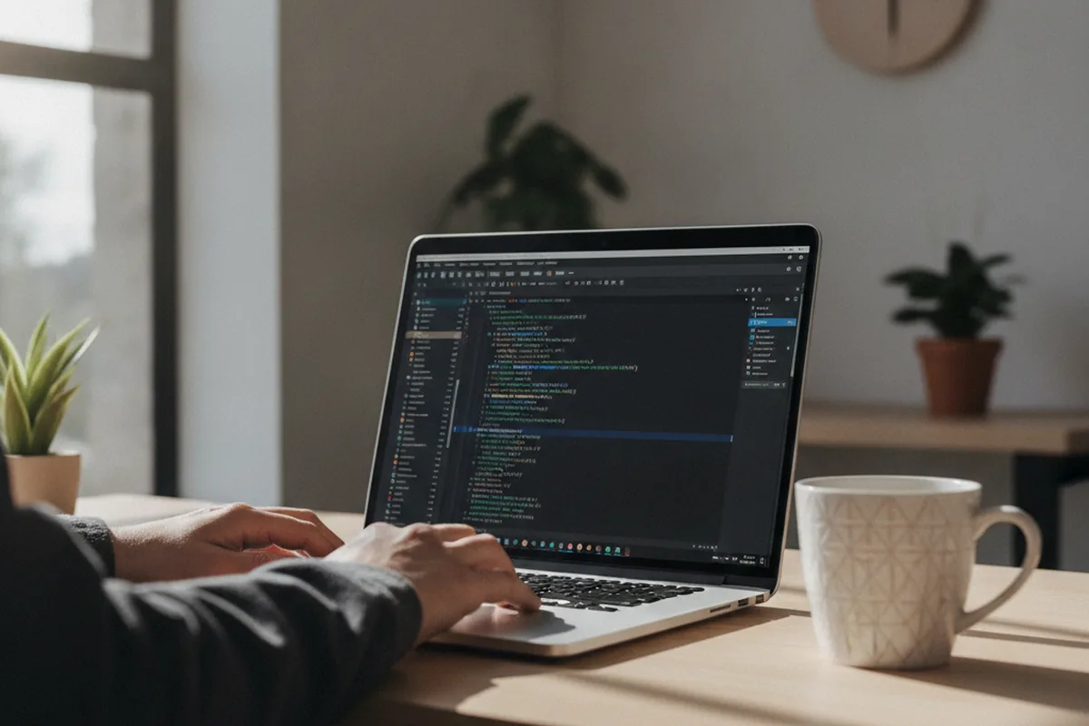 Разработчик изучает Java-код за ноутбуком в среде IntelliJ IDEA