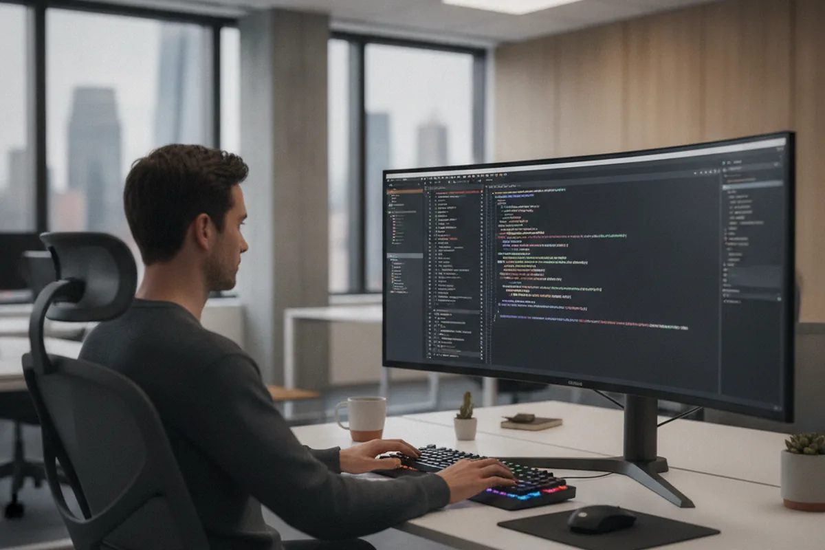 Разработчик пишет корпоративный backend на Java в современном офисе