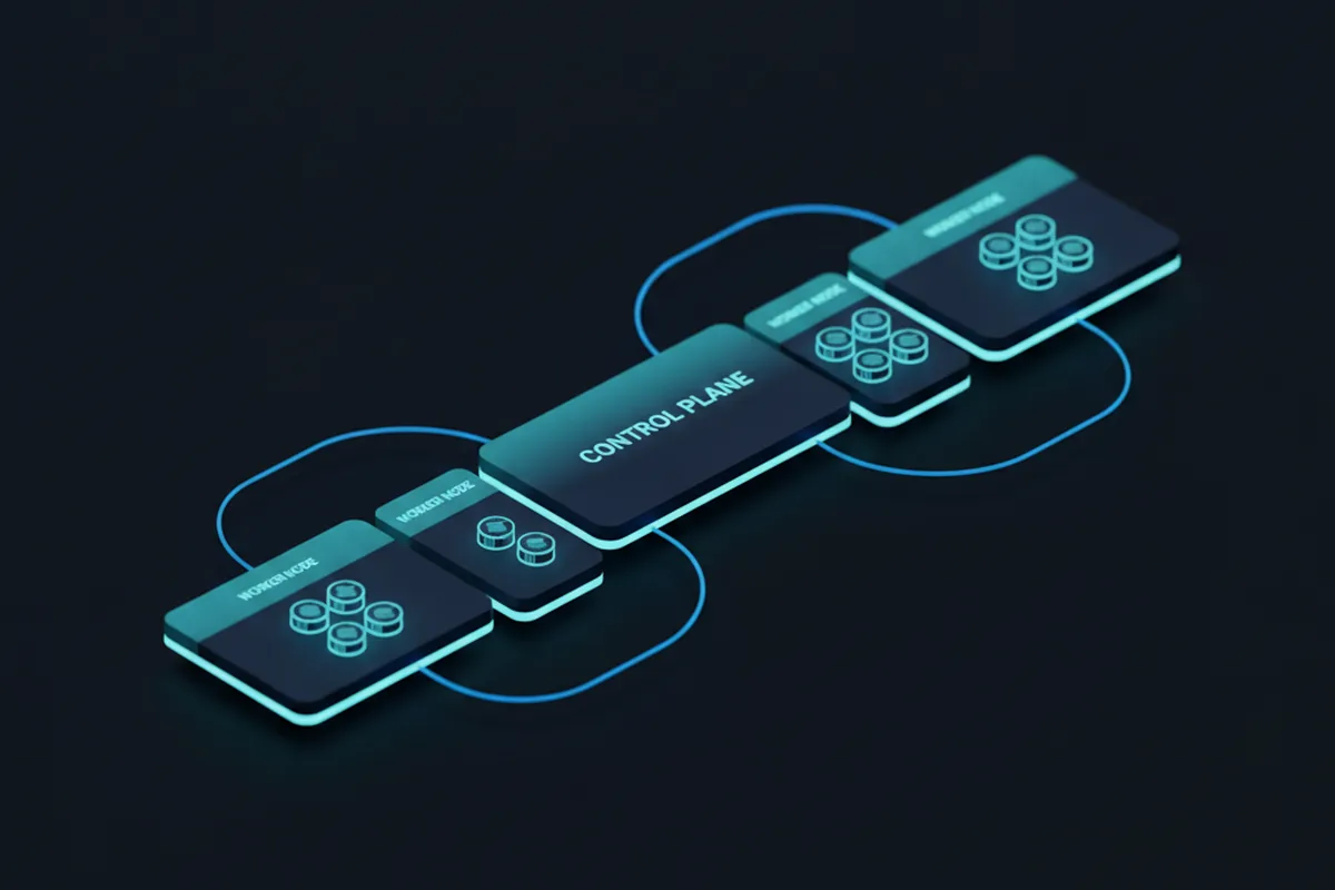 Архитектура кластера Kubernetes: control plane и несколько worker-узлов с контейнерами, объединённые в единый кластер