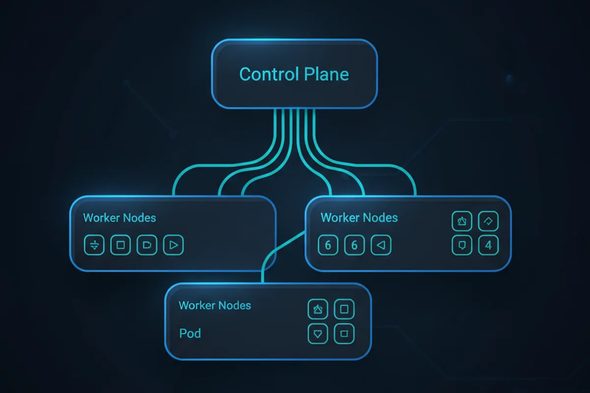 Схема кластера Kubernetes: Control Plane управляет несколькими worker-узлами с подами