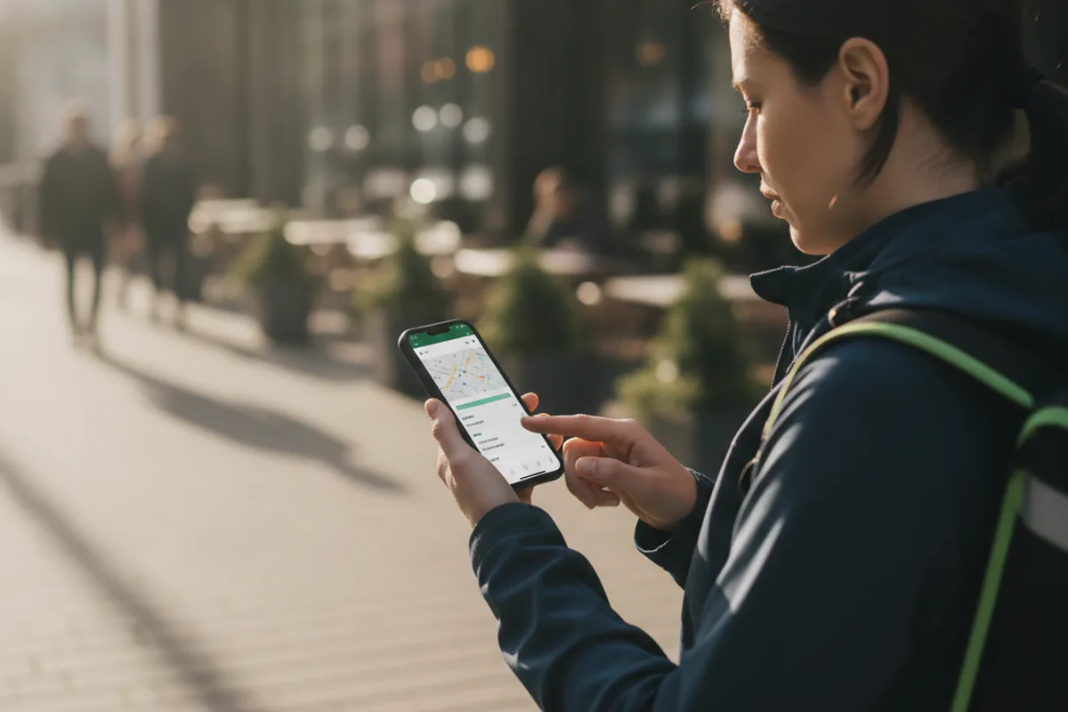Курьер с термосумкой проверяет заказ доставки еды в приложении на смартфоне