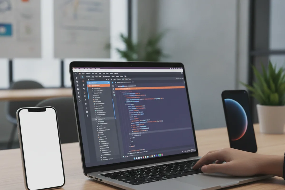 Разработчик пишет кросс-платформенное мобильное приложение на Flutter, рядом макеты iOS и Android