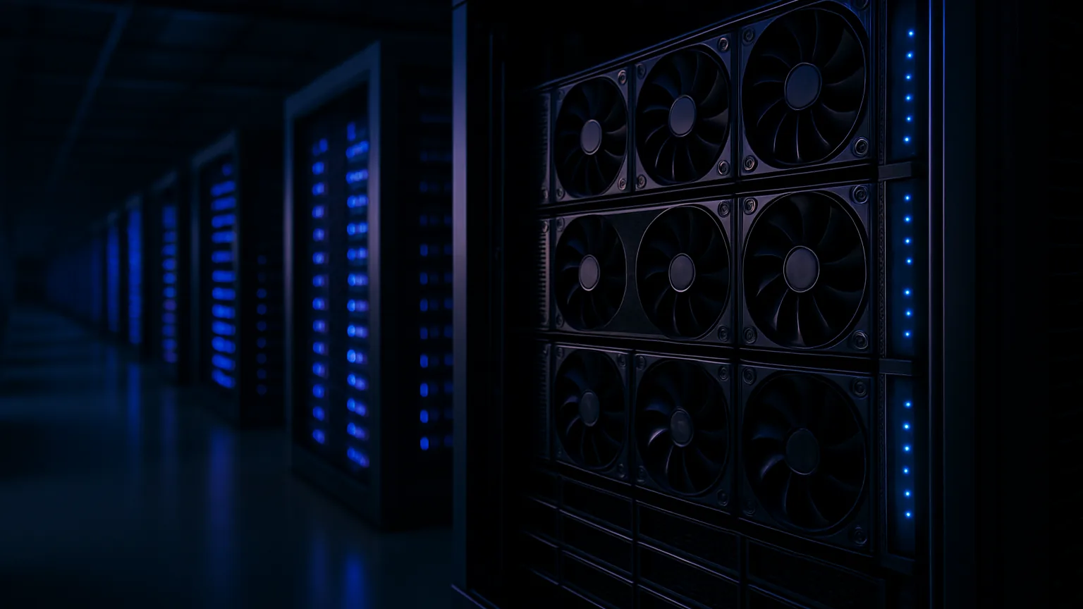 Дата-центр AWS с GPU NVIDIA — ряды серверных стоек в синем освещении