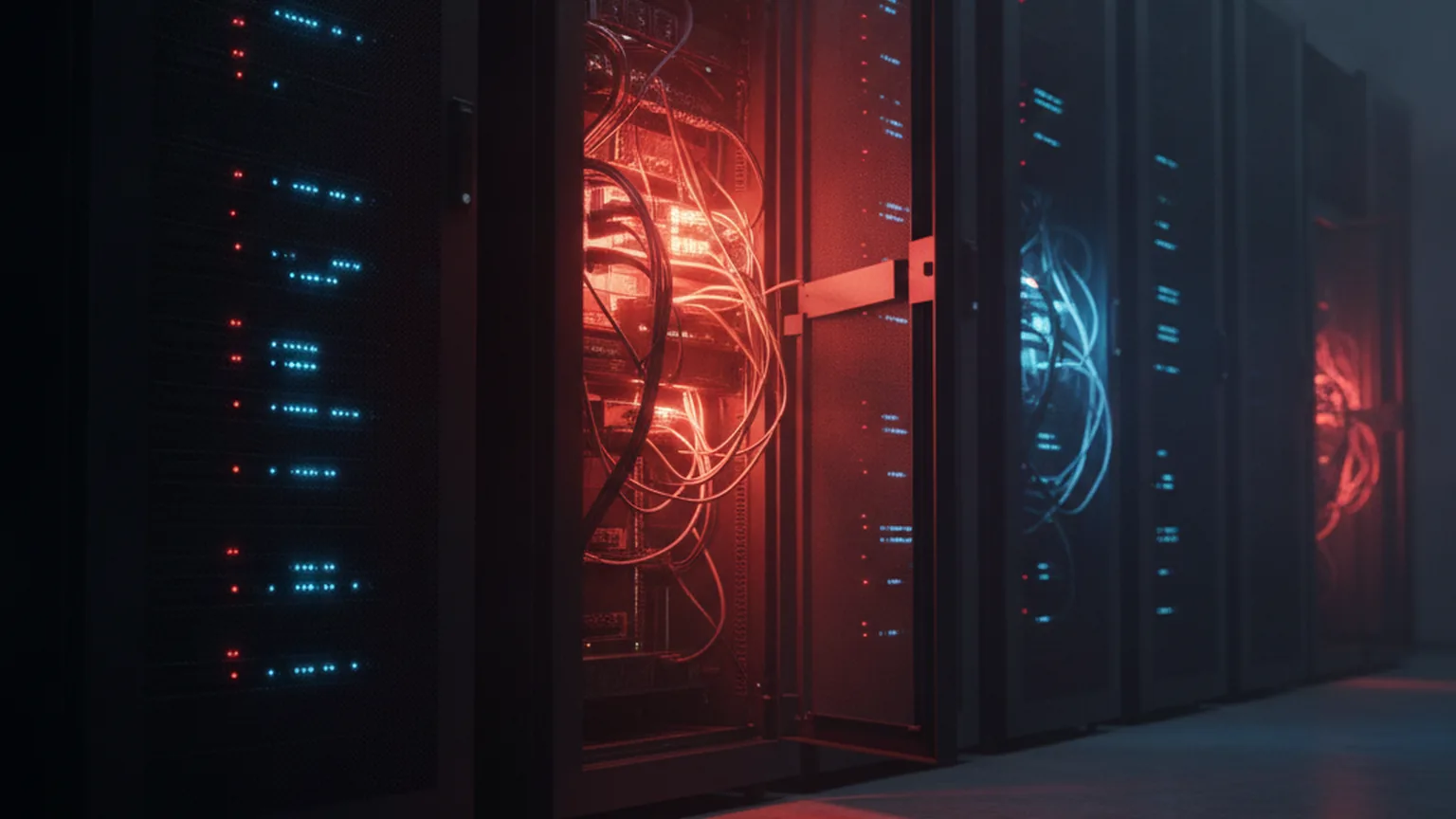 Dell System Update и CVE-2026-86360: серверная стойка с красной подсветкой тревоги в тёмном дата-центре