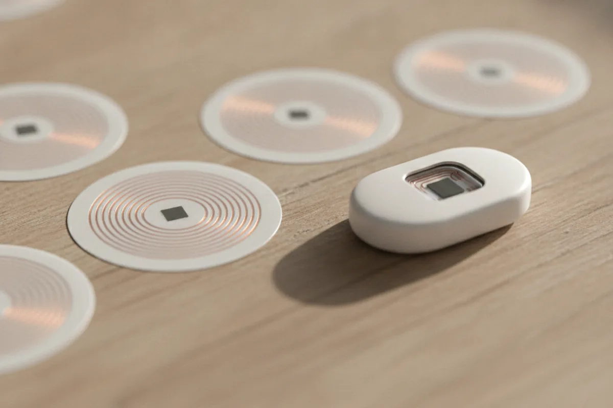 Разные типы NFC-меток: наклейки с чипом и антенной и NFC-брелок на столе