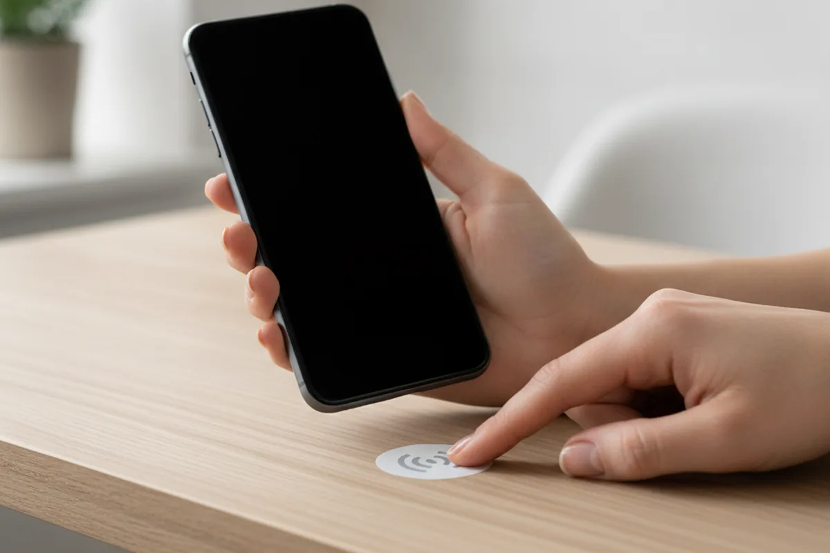 Смартфон с включённым NFC подносят к метке для записи данных