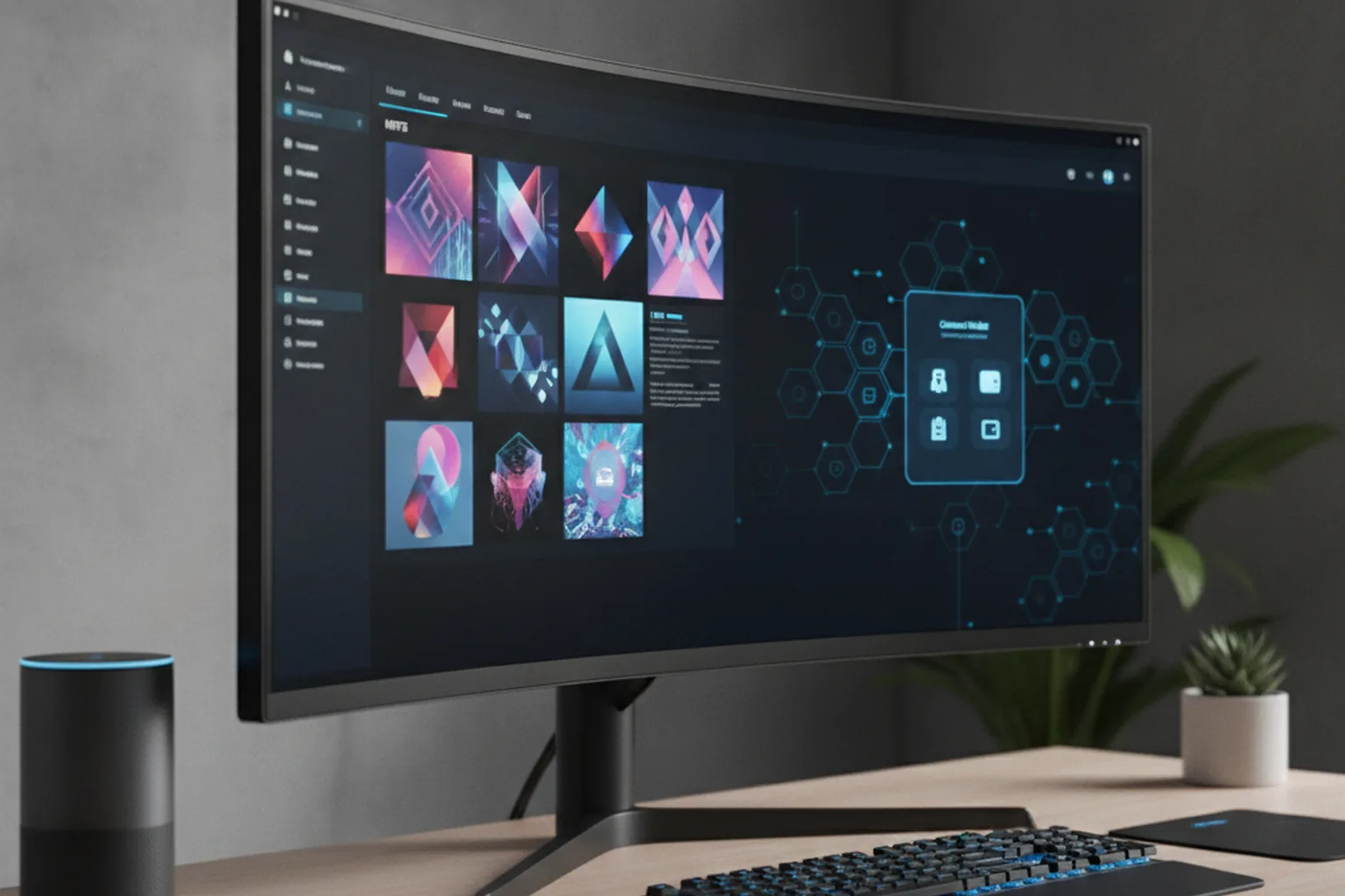Интерфейс NFT-платформы: витрина цифрового искусства и подключение криптокошелька