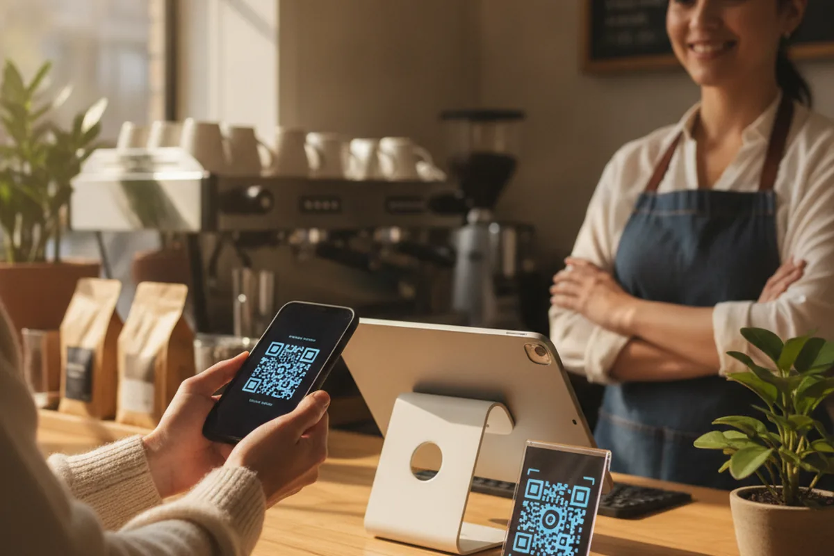 Покупатель сканирует QR-код для оплаты по СБП на смартфоне в кофейне