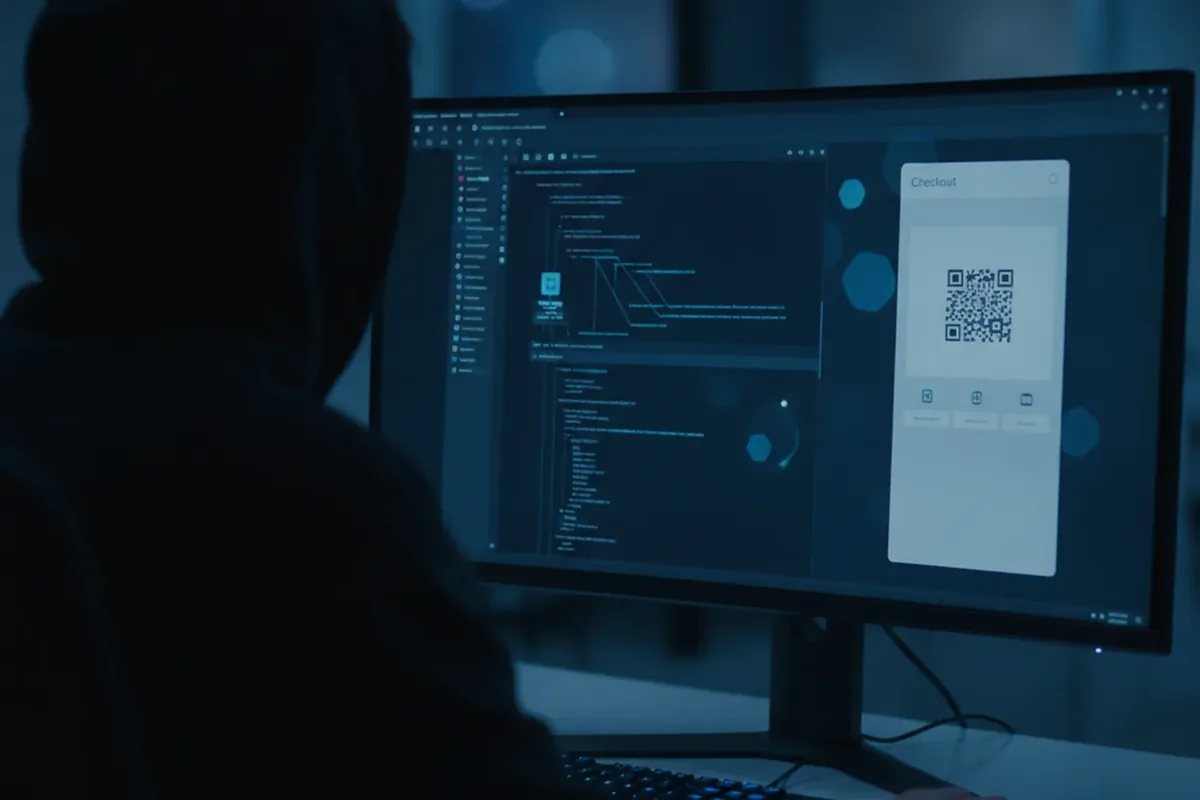 Разработчик интегрирует платёжный шлюз: на экране код интеграции по API и виджет оплаты с QR-кодом